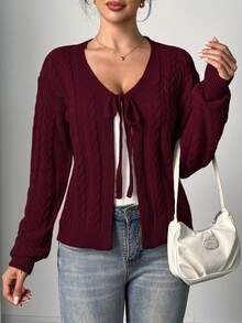 Elegant Solid Color Cable Knit Front Tie Bow Long Sleeve Cardigan Sweater For Women, Autumn/Winter - Burgundy - View 4