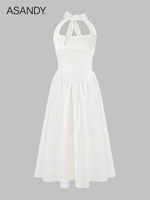 女士纯色无袖 A 字形撞色网眼连衣裙，优雅时尚风格 - 白色 - 查看 2