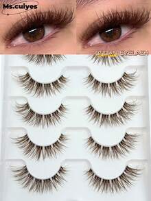6 对棕色仿貂皮睫毛，带透明带茎，纤细浓密的猫眼睫毛，蓬松自然的假睫毛，透明茎 3D 卷曲，戏剧性全条睫毛延长化妆工具条状睫毛，睫毛，睫毛，假睫毛