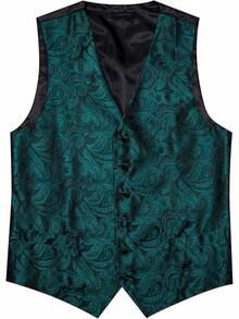 Formal Men Vest V-Neck Suit Vests Tie Bowtie Set Paisley Jacquard Waistcoat Clip Hanky Cufflink Lapel Pin Wedding 8PCShalloween - 墨綠色 - 查看 2