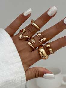 6 件套 Ins 风格亮面水滴拥抱开口戒指，液态金属皱纹不对称交叉指环，适合派对、礼物、日常佩戴 - 金色 - 查看 2