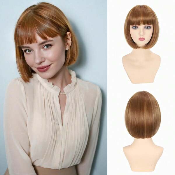 Peluca corta de bob de color marrón con flequillo, cabello sintético para mujeres con reflejos rubios y marrones mezclados, pelucas para cosplay, fiestas, uso diario y Halloween