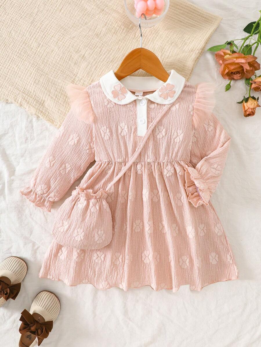 Baby Mädchen süßes langärmliges Hemdkragen Patchwork Kleid mit Zubehörtasche, geeignet für Strandurlaub, Herbst