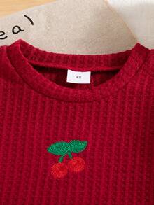 2pcs Girls Casual Outfits, Solid Color Embroidered Cherry Pattern Round Neck Long Sleeve Top And Long Pants Set, Spring/Autumn - Red - View 3