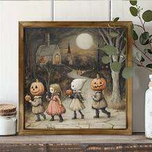 1PC Vintage Halloween Trick-Or-Treaters Print Framed Wood Sign, Halloween Wall Art, Adorable Vintage Halloween Art, Creepy Kids Art, Halloween Wall Decor,Room Decor Aesthetic, Home Decor, Posters For Room, Canvas Wall Art, Optional Frame, Wall Decor, Living Room Decor. Halloween Decor Fall Decor