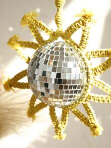 1 pieza Espejo en forma de sol con bola de macramé colgante - Bola de discoteca hecha a mano con marco de cuerda tejida amarilla - Decoración bohemia chic para pared, ventana, techo o espejo retrovisor del coche - Decoraciones para fiestas, bodas, vacaciones y festivales