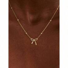 1pc Gold Bowknot Pendant Necklace - Stainless Steel Bead Chain For Women Girls, Minimalist Cute Dainty Jewelry, Fashion Versatile Elegant Layering Necklace, High-End Daily Wear Accessory For Dates, Perfect Birthday Holiday Gift