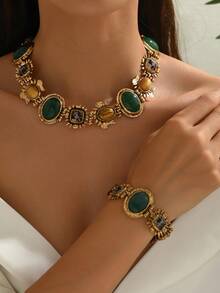 1 套 2 件复洛克风格树脂项链和手链套装，奢华几何金色首饰套装，适合女性日常、派对、活动佩戴（宝石颜色和位置随机） - 金色 - 查看 1