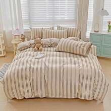 4 件套简约条纹印花羽绒被套装（1 个羽绒被套、1 个床单、2 个枕套、无填充物），简约卧室床上用品套装，可水洗，万圣节礼物 - 彩色 - 查看 6