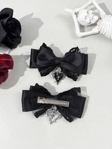 2件装哥特风蕾丝缎带深色心形十字发饰，适合节日装扮和日常佩戴，哥特爱好者必备，包括发夹、发爪、发卡、发夹、发饰、发卡等。 - 黑色 - 查看 2