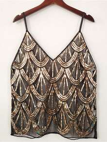 Women Sequin Tank Top Sexy Sleeveless V Neck Sheer Mesh See Through Sparkly Glitter Top Party Club Rave Outfits - 金色 - 查看 4