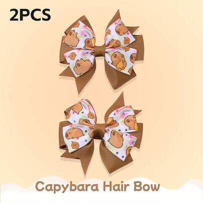 2個 茶色のカピバラヘアクリップ、かわいいカピバラ柄リボンヘアクリップ、茶色のサテンリボンヘアクリップ、ホリデー誕生日パーティーヘアアクセサリー、ベビーヘアアクセサリー