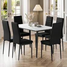 Dining Table And Chairs Set Of 6, 120CM Marble Effect Dining Table With 6 Faux Leather High Back Dining Chairs,Modern Dining Table Set For Home/Kitchen Office - White Table and 6 Black Chairs - View 3