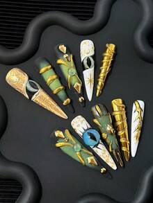 56 毫米超长细高跟指甲法式手工按压式指甲，多色指甲尖带有眼饰、水钻、闪粉、镜面粉、猫眼渐变、手绘万圣节主题 3D 设计，具有立体复合图案、撞色和混合创意元素 - 全覆盖人造 DIY 光泽假指甲套装 10 件/包美甲用品美甲 - 彩色 - 查看 2