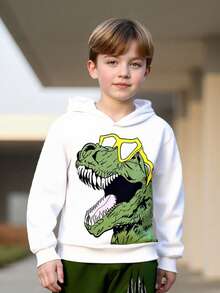 2 件套男童眼镜和恐龙印花连帽衫和爪子字母图案裤子休闲舒适街头服饰，春秋季 - 綠色 - 查看 5