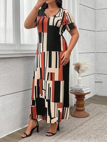 时尚休闲修身V领抽象几何印花优雅大码女装，适合日常穿着和夏季度假约会。 - 彩色 - 查看 6