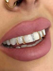 1 Set Single Row Smooth Gold, Silver, Rose Gold Cubic Zirconia Bar Teeth Grillz, Unisex Hip Hop, Nightclub, Rock Style Party Decoration, Holiday Gift, Adjustable