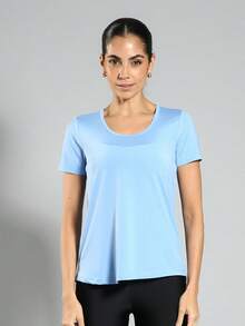 FITNATION Women's Dry Fit Fitness T-Shirt In Perforated Fabric With LYCRA That Dries Sweat Quickly, Ideal For Sports Activities. - 泳池藍色 - 查看 2