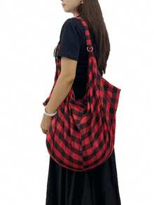 大容量可折叠格纹单肩包，个性化设计带拉链，女士斜挎包，休闲实用多用途手提包，适合工作、学习、旅行 - 彩色 - 查看 2