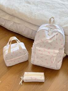 Bộ 3 món phong cách sinh viên thường ngày in hình nơ, bao gồm ba lô, túi đựng cơm trưa, túi đeo chéo và hộp bút có ngăn đựng laptop, dây đeo có thể điều chỉnh, nhiều ngăn dung tích lớn, bộ ba lô đa chức năng, phù hợp cho nữ/bé gái/thanh thiếu niên/sinh viên đại học/sinh viên tốt nghiệp sử dụng hàng ngày/kỳ nghỉ/du lịch/trở lại trường, ba lô nơ dễ thương, nơ, Kawaii - trắng - Xem 5