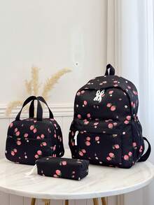 3pcs Backpack Set - Fashionable Large Capacity Backpack + Lunch Bag + Pencil Case, With Laptop Compartment, Strawberry Pattern Backpack, Adjustable Shoulder Straps And Spacious Multi-Pockets - Lightweight Zipper Bags, Suitable For Women/Girls/Students/Teens/Graduates, Perfect For Outdoor/Travel/Middle School/High School/College - Black - View 3