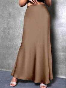 Plus Size Women Elegant Maxi Satin Skirt, Solid Color - Camel - View 5