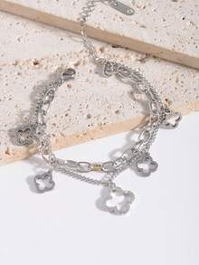 1pc High-Quality Charming Double-Layer Five-Leaf Clover Hollow Stainless Steel Women Bracelet, Suitable For Daily Wear, Party, Shopping, Gift For Women