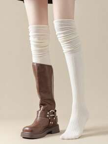 1双女士白色蕾丝拼接过膝袜，适合搭配装饰性高筒靴，复古风格，舒适袜子