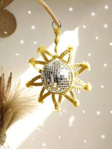 1 pieza Espejo en forma de sol con bola de macramé colgante - Bola de discoteca hecha a mano con marco de cuerda tejida amarilla - Decoración bohemia chic para pared, ventana, techo o espejo retrovisor del coche - Decoraciones para fiestas, bodas, vacaciones y festivales