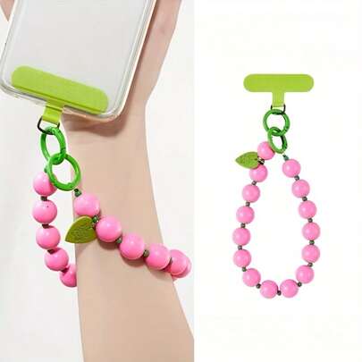 1pc Solid Color Beaded Heart Shaped Phone Lanyard, Women Wrist Strap, Beaded Hanging Cord, Outdoor Travel Lanyard, Random Color Connector