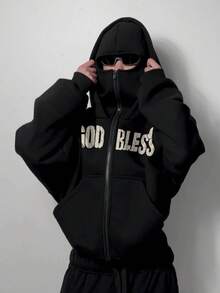 YUNCHIC - Men's Hooded Sweatshirt With Face Mask, Creative Prayer Pattern, Protective Balaclava Design, Autumn/Winter Outdoor Cycling Running Sports Jacket, Side Pockets For Comfort - Black - View 1