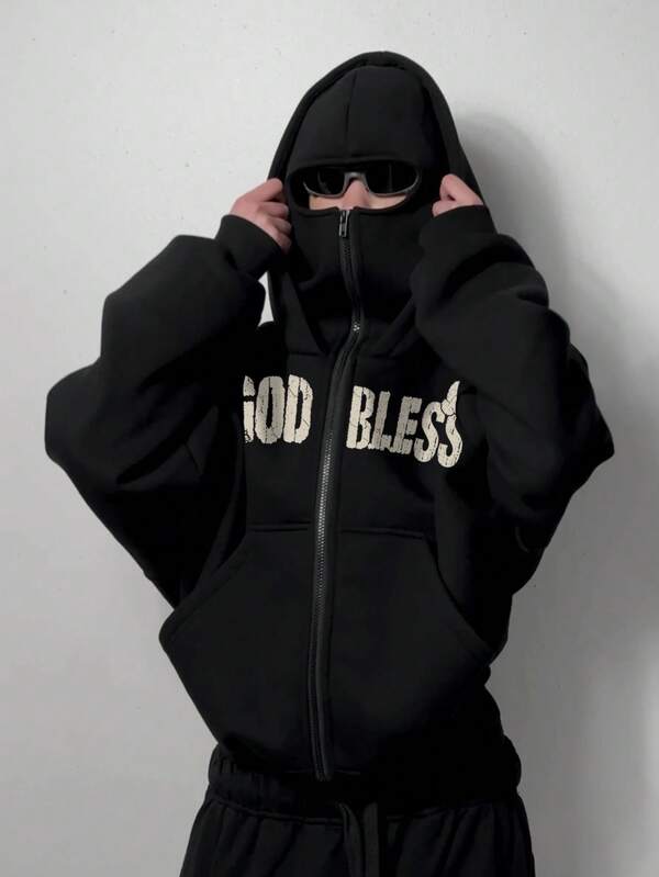 Sweat-shirt à capuche pour hommes avec masque facial, motif de prière créatif, design de cagoule de protection, veste de sport d'automne/hiver pour le cyclisme et la course en extérieur, design de poche latérale pour le confort