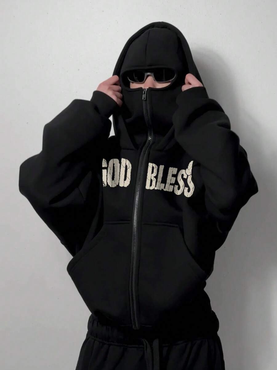 YUNCHIC - Men's Hooded Sweatshirt With Face Mask, Creative Prayer Pattern, Protective Balaclava Design, Autumn/Winter Outdoor Cycling Running Sports Jacket, Side Pockets For Comfort - Black - View 1