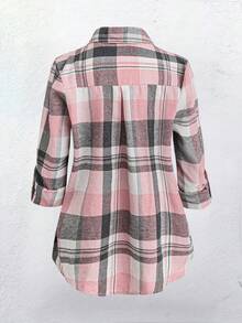 Áo sơ mi nữ thường ngày bằng vải polyester kẻ sọc chải có túi, phong cách sinh viên, phù hợp để đi làm và đi nghỉ, cổ bẻ, thu/đông - Hồng - Xem 4