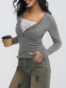 Women Teen Girls Clothes Lace Stitching V-Neck Fairy Crop Tops Y2K Long Sleeve Tight Shirt Spring Fall Downtown Girl Coquette Clothing Tops For Girls - 灰色 - 查看 5