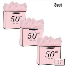 1set/3sets/5sets,Black And Pink 50th Birthday Gift Bag With Card And Tissue Paper For Men Women, Elegant Black Gold Anniversary Keepsake Party Present Shopping Paper Bags For Gifts Wrapping