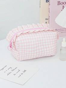 1-częściowa, kraciasta, falbankowa torba do przechowywania kosmetyków, podpasek, przenośna kosmetyczka, kraciasta kosmetyczka, zestaw w kratkę, torba do przechowywania pędzli kosmetycznych, damska torebka, kosmetyczki, duża pojemność, puszysta, kratkowana, ośmiokątna kosmetyczka, kosmetyczka do przechowywania szminek, prezent ślubny, druhna, prezent dla mamy, prezent urodzinowy, prezent na Boże Narodzenie, prezent dla przyjaciół i nauczycieli, wystrój domu, łazienka, salon, sypialnia, wystrój - Różowy - Zobacz 10