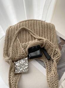 Leisure Large Capacity Woven Bag Hollow Design Knitted Shoulder Bag Holiday Beach Shopper Tote For Women Travel Women Crochet Tote Bag Hollow Beach Bag Large Capacity Fashion Knitted Bag Solid Color Simple Shopping Bag For Travel Vacation