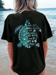 T-shirt da donna per vacanze al mare tropicali - Stampa "Sunshine Vibes" su entrambi i lati, top casual a maniche corte con scollo rotondo in poliestere, lavabile in lavatrice, adatta a tutte le stagioni. - nero - Visualizzare 2