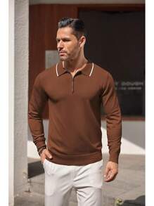 Men's Knit Shirt Long Sleeve Quarter Zip Sweater Casual Shirts Vintage Striped Collar - 焦糖 - 查看 2