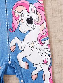 Baby Girl Heart, Rainbow & Unicorn Print Long Sleeve Striped Jumpsuit, Spring/Autumn