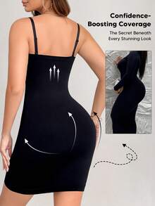 1pc Women's Seamless Shaping Slip Dress, Tummy Control, Removable Straps & Smooth Silhouette For Under Dresses Or Daily Wear - Black - View 2