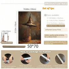 1pc, Canvas Wall Art, Framed Art Decor, Hangable, Wall Art, Poster, Witch's Hat, Horror Season Wall Art Decor, Halloween Poster, Witch's Hat And Broom, Gifts For Witch Lovers, Autumn Decor, Halloween Decor, Halloween Decor Aesthetics, Room Decor, Dorm Room Decor, Bedroom Decor Home Decor Fall Decor