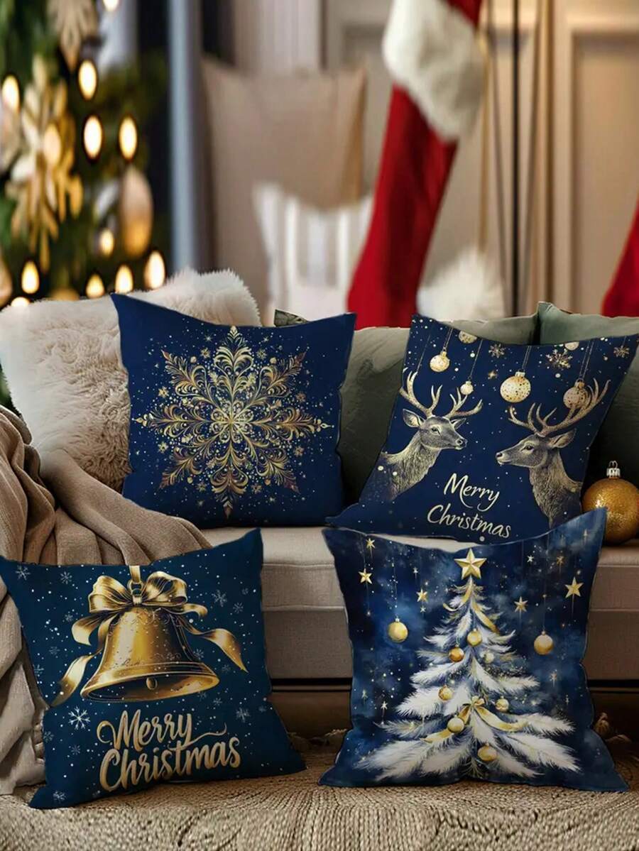 4 Stücke, einseitig bedruckter Kissenbezug, Blau und Gold Weihnachtsthema Schneeflocken und Glocken Serie Kissenbezug Set, 40x40cm/45x45cm/50x50cm, Heimdekoration Kissenbezug geeignet für Wohnzimmer Sofa und Schlafzimmer, Kissenkern nicht enthalten - Blau - Übersicht 1