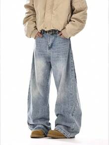 男士浅蓝色水洗舒适宽松裤，Y2K 宽松牛仔裤，褪色靛蓝水洗超宽松裤腿牛仔裤，柔软棉质面料，褪色浅蓝色，超大版型，百搭 3. 褪色浅蓝色做旧宽松牛仔裤 - 藍色 - 查看 3