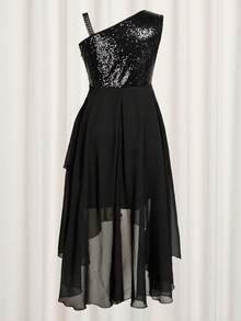 Women's Plus Size Ball Gown Sequined One Shoulder Wrap Sleeveless High Waist A-Line Midi Dress High Low Party Dress