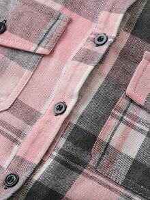 Áo sơ mi nữ thường ngày bằng vải polyester kẻ sọc chải có túi, phong cách sinh viên, phù hợp để đi làm và đi nghỉ, cổ bẻ, thu/đông - Hồng - Xem 5