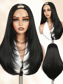 U型层次长款黑色假发，女士假发，全头无胶假发，采用合成纤维制成，佩戴方便，无蕾丝，耐热，自然发质，适合派对或角色扮演，纯黑色假发 - 黑色 - 查看 3