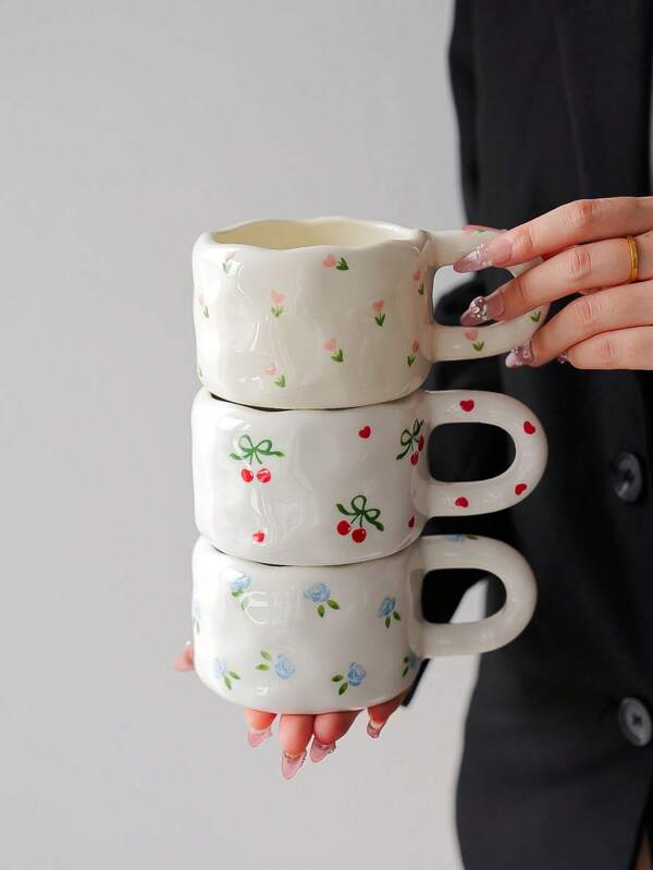 1 Set Floral Ceramic Coffee Cup & Saucer Set, Large Capacity Hand-Painted Ceramic Cup With Coaster, Heart/Flower Pattern, Vintage Style Coffee/Afternoon Tea Dinnerware, Suitable For Spring Brunch, Country Gathering, Women, Commercial Use, And Gifting
