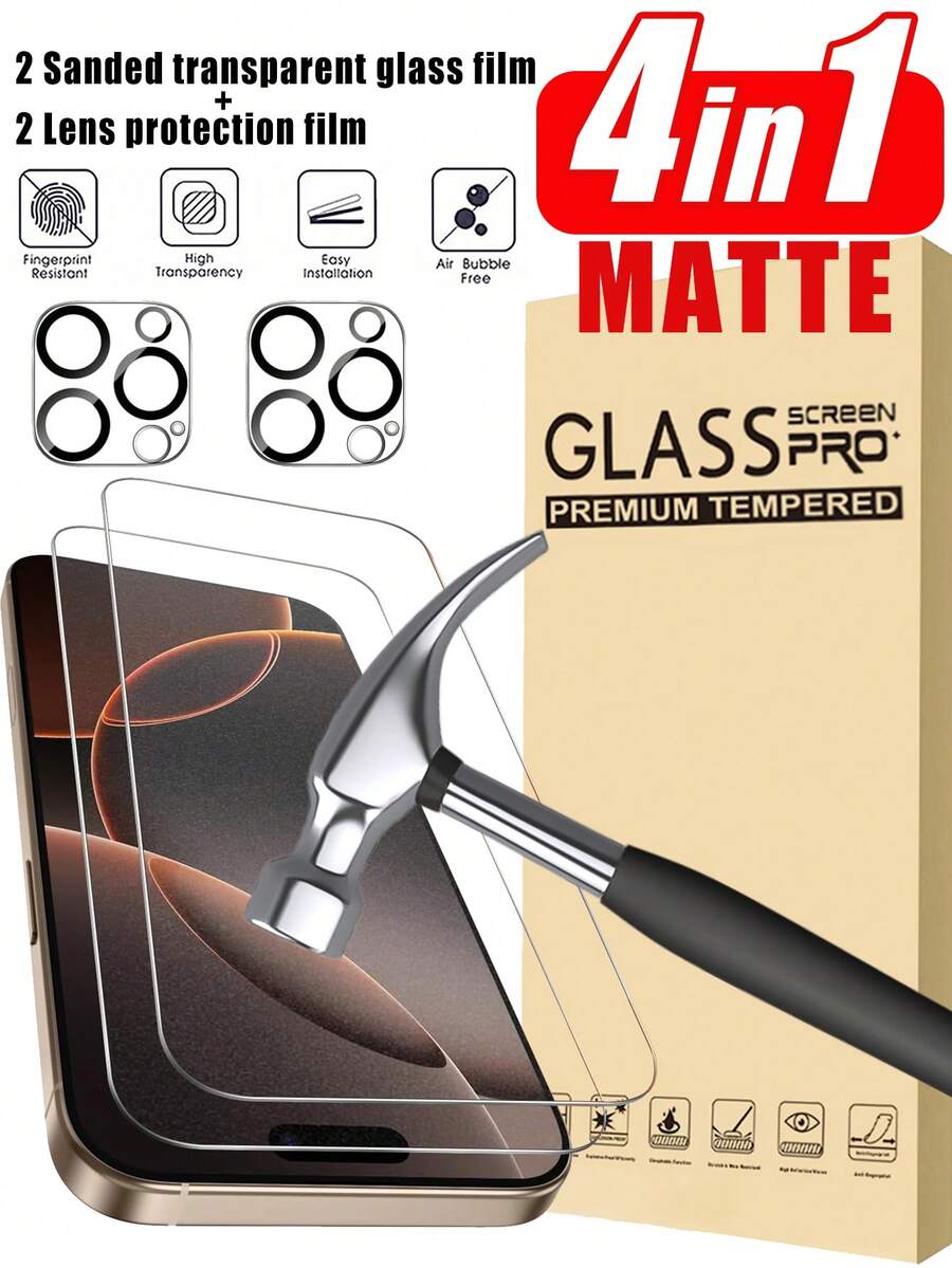 2入組 16 Pro Max 霧面螢幕保護貼套組，含 1 張霧面螢幕保護膜 + 2 個鏡頭保護貼，相容 iPhone 11 至 16 系列，防眩光、防指紋、防水、防震、防刮，半透明霧面膜，居家、辦公與日常使用的可靠保護